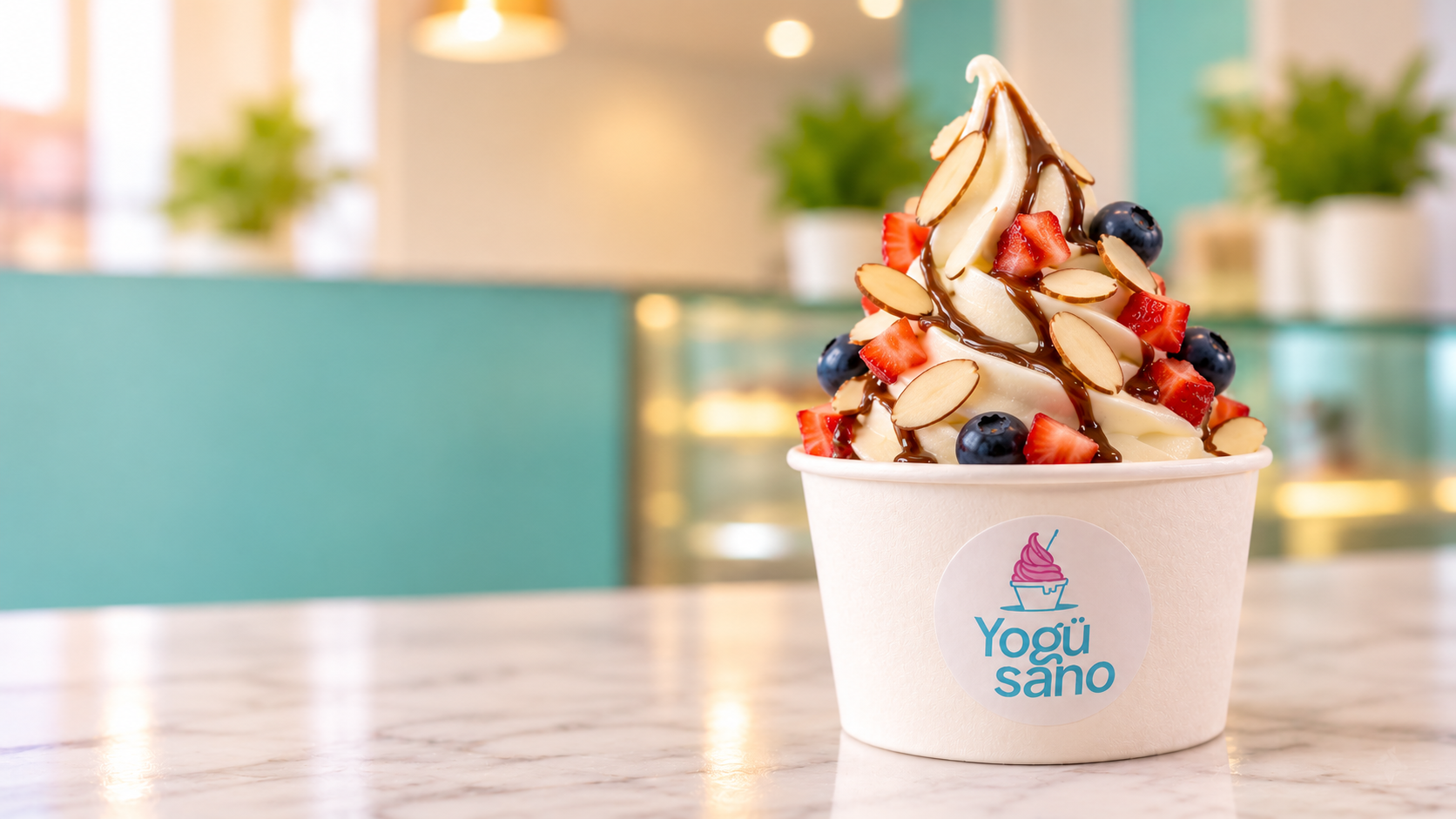 Copa de helado de yogurt griego con frutos rojos
